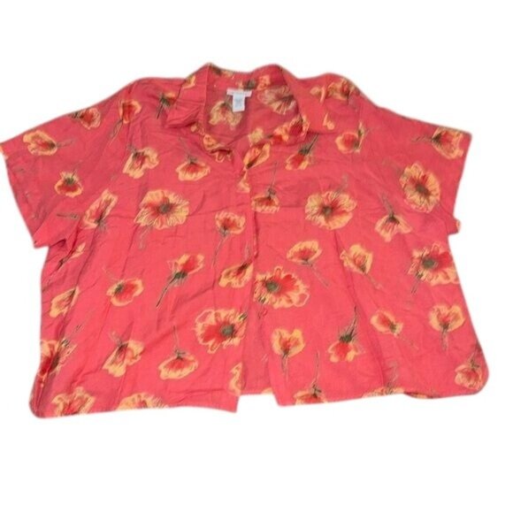 Avenue Womens Floral Print Short Sleeve Blouse Size 30/32 Linen & Rayon Pink - Picture 1 of 8